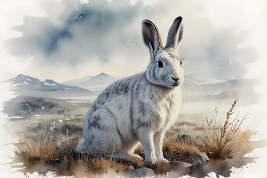 Arctic hare in a sparse arctic shrubland