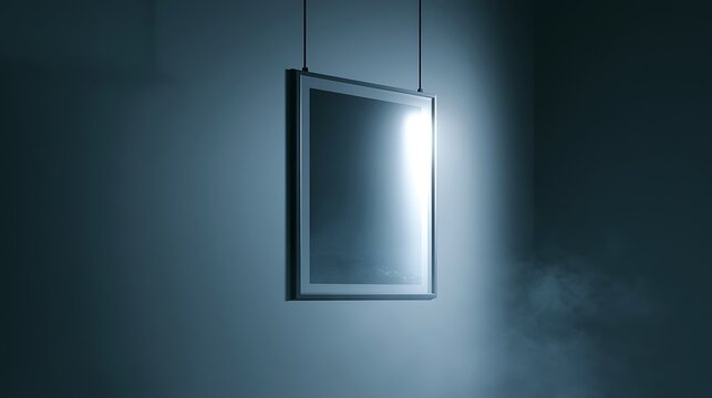 Blank picture frame hanging on a wall with spotlight
