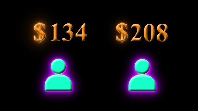 Two User Icons with Different Values, Glowing Neon $180 and $280 Price Comparison 4k Animation on black background. Digital Finance Concept, Cost Evaluation, Money Analysis and Modern Business Graphic