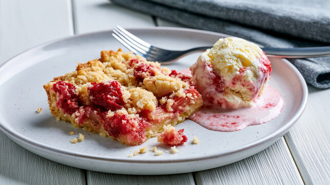 Homemade raspberry crumble bar served with a melting scoop of vanilla ice cream on a plate