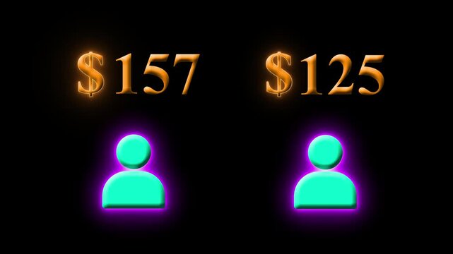 Two User Icons with Different Values, Glowing Neon $290 and $190 Price Comparison 4k Animation on black background. Digital Finance Concept, Cost Evaluation, Money Analysis and Modern Business Graphic