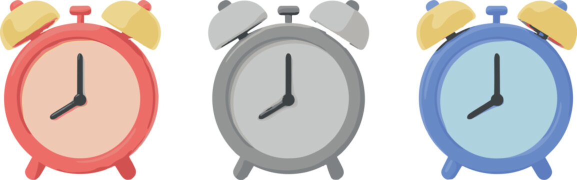 Minimalist 3D style alarm clock vector set featuring red gray and blue retro timepieces isolated on a white background illustration.