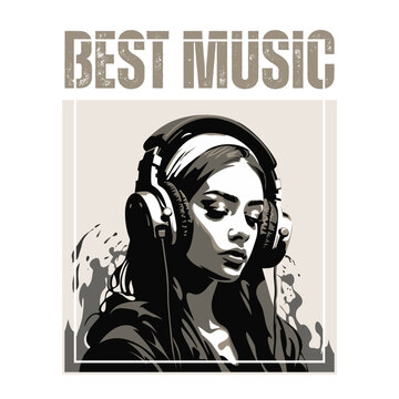 Stylish black and white vector illustration of a young woman wearing large headphones, eyes closed, immersed in music. Perfect for music, podcast and audio.