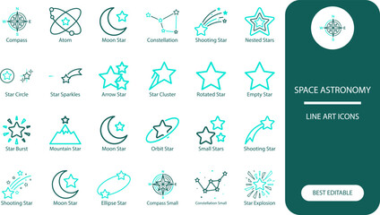 Space astronomy icons set. Monochrome outline vector collection of stars, moons, comets and constellations for science and education design. © Mijan
