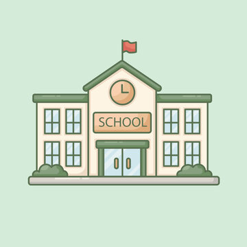 Flat outline vector illustration of a school building with clock tower and classrooms.
