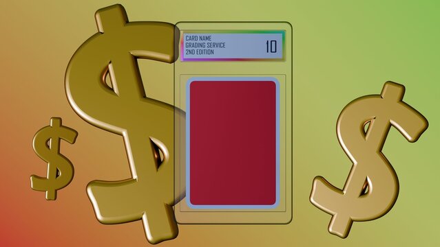 A 3D rendering of metallic gold dollar sign and several sealed graded trading card slabs. Authenticated trading cards as alternative tangible assets.
