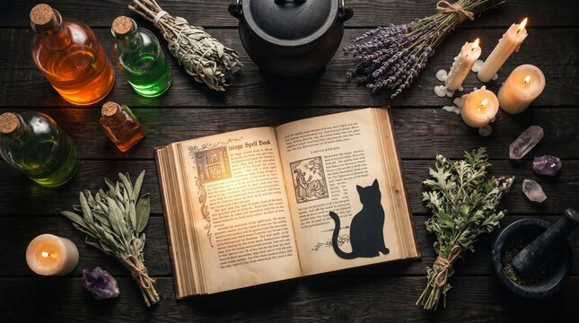 Halloween witch flat lay with spell book, apothecary potion bottles, dried herbs, and old key on rustic wooden background.