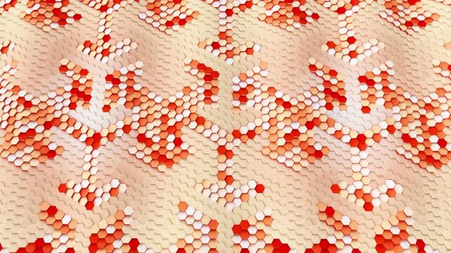 Abstract 3D animated background featuring a seamless looping wave motion of orange, white, and beige hexagonal blocks forming a futuristic snake skin pattern.