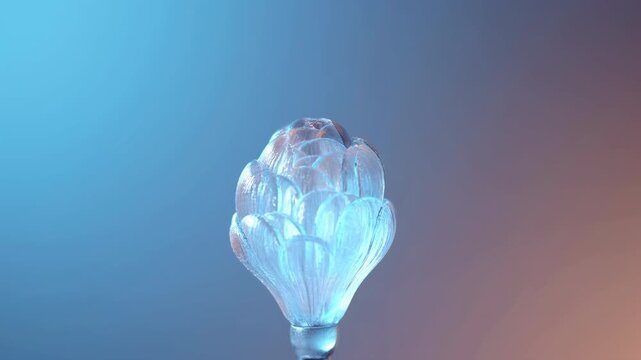Translucent petal cluster unfolding and gently settling on slender stem under cyan to mauve gradient light with layered glow, soft reflections, elegant symmetry, refined modern look