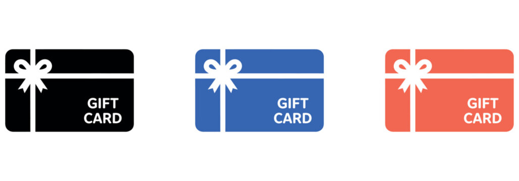 Set of three colorful gift card icons with ribbon bow design for retail shopping and promotions.