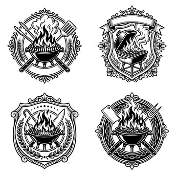 Grill icons with flames and utensils.