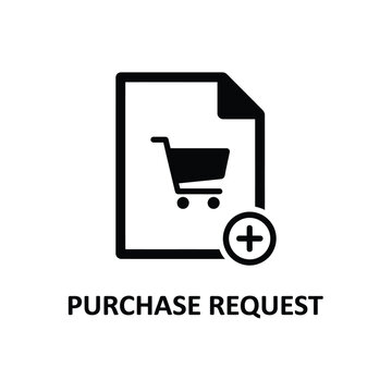 Purchase request icon featuring a shopping cart and plus symbol flat black silhouette on white requisition procurement trolley basket