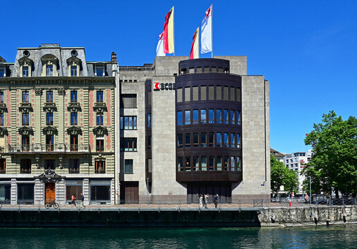 Geneva, Switzerland, Europe - 05.2026 : BCGE Banque Cantonale de Gen&egrave;ve, Head Office building at Quai de l'Ile on the island on Rhone river