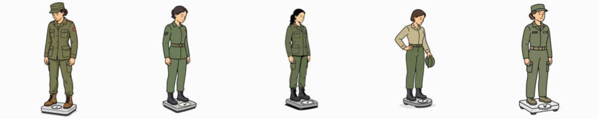 Obraz premium Set of vector illustrations of a female soldier weighing herself