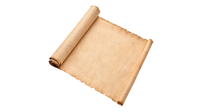 Single old blank parchment paper scroll isolated on transparent background