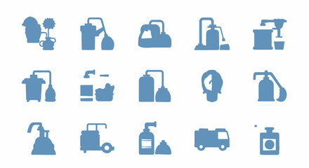 Fototapeta premium Industrial and construction equipment set featuring various machinery tools and heavy vehicles.