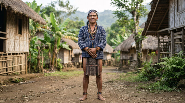 Full-body portrait of a traditionally dressed man standing in a tropical bamboo village.