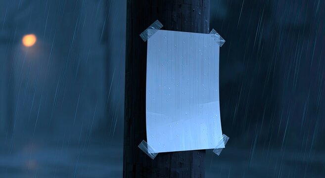 Blank notice taped to pole in stormy weather with distant light