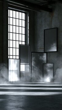 abandoned industrial room with fog and empty frames