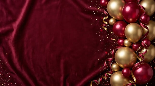 Elegant dark red background with gold and maroon decorative spheres for a luxury happy birthday greeting card
