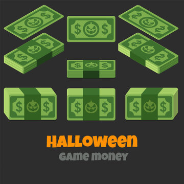 Cartoon Halloween Game Money Stacks and Banknotes Set