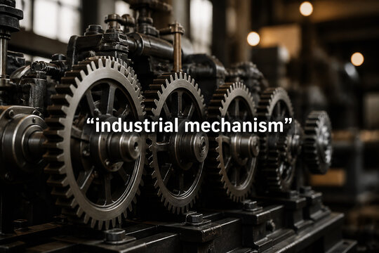 A close-up of intricate, dark industrial machinery with gears in a dimly lit setting.