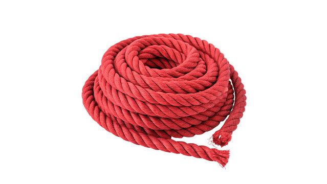 Coil of thick durable red nylon rope isolated on transparent background