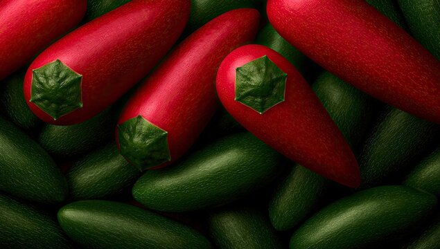 Vibrant red chili peppers stand out against a backdrop of green, ripe jalape?os