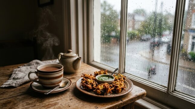 Cozy rainy day scene with hot tea and delicious pakoras by a window, perfect comfort food moments.