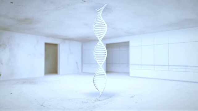 Illuminated metallic double helix sculpture suspended in empty interior with upward glow, centered symmetry, reflective floor, scuffed surfaces, and modern scientific mood