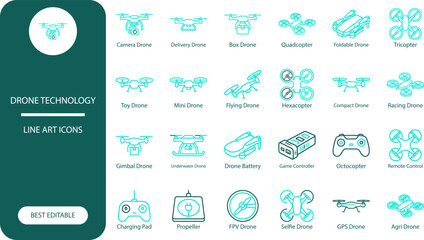 Drone technology icons set. Minimal silhouette vector collection of quadcopters, controllers and accessories for tech design © Mijan