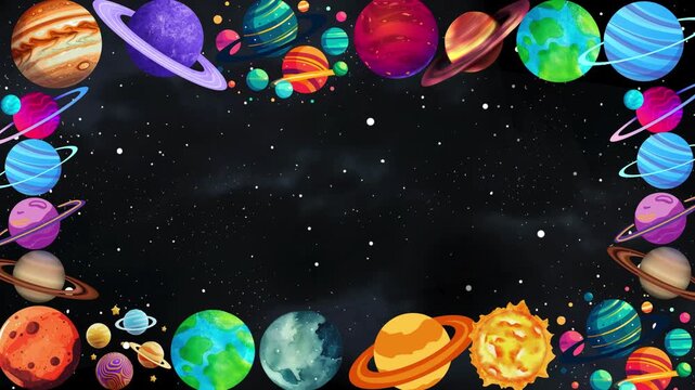 Animated solar system planet border on starry space background