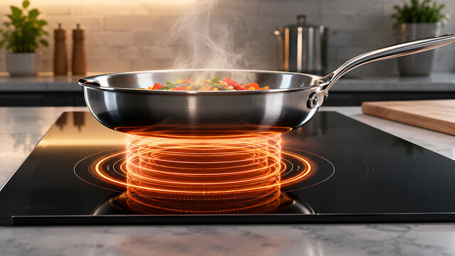 Induction Cooktop With Glowing Heating Coil | Modern Kitchen Frying Pan Technology | Electromagnetic Cooking and Smart Home Appliance