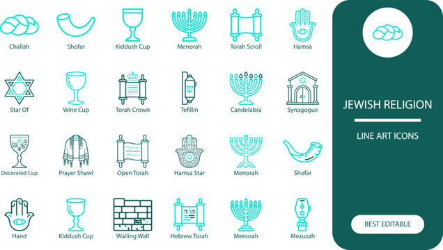Jewish religion icons set. Outline vector collection of menorah, star of david, torah scroll and hamsa symbols for cultural design