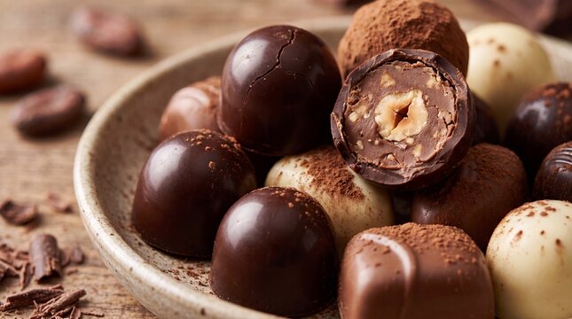 Assorted chocolate truffles photo in ceramic bowl with cocoa powder beans and broken pieces on rustic wooden background
