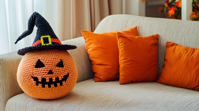 Cozy knitted Halloween pumpkin doll wearing a witch hat resting on a comfortable sofa in a stylish home interior, handmade seasonal d&eacute;cor and autumn comfort concept