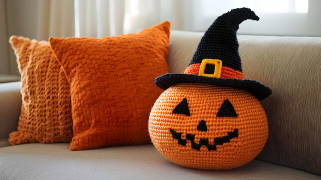 Hand-knitted Halloween pumpkin toy wearing a classic witch hat resting on a cozy sofa in a warm living room, handmade autumn decor and festive home concept