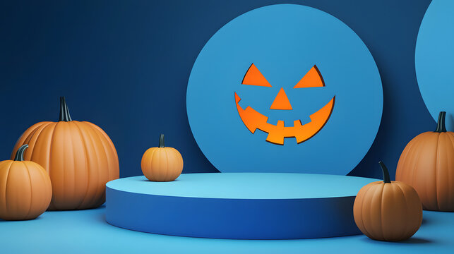 Round blue display podium surrounded by pumpkins on a monochromatic blue studio background, modern seasonal product showcase and festive presentation concept