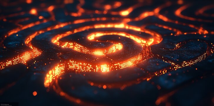 Futuristic Circuit Board with Glowing Orange Lines and Blue Elements in High Tech Style