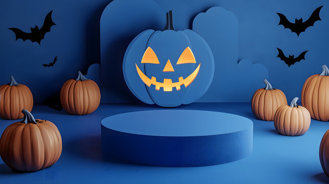Round blue podium with Halloween pumpkins on blue background
