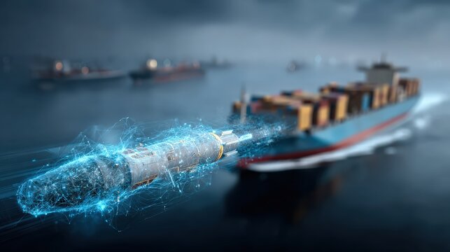 Futuristic container ship is being deployed with a submarine cable, creating a vibrant blue energy effect around the cable. ..Created with Generative AI, not depicting real subjects.