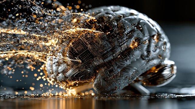 Abstract Metallic Brain Exploding with Golden Energy Sparks, Representing Intelligence and Innovation