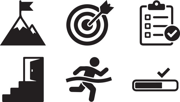 Six black flat design icons of goals, checklist, running, stairs, mountain, and progress bar Vector