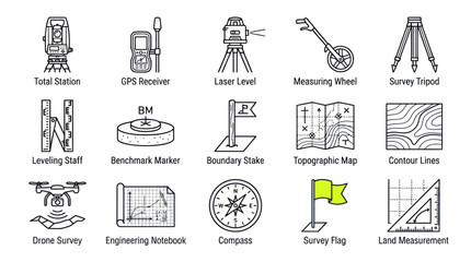 Land surveying icons with green civil engineering accents. © ahmad