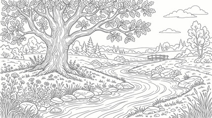 Obraz premium Large oak tree by mountain path coloring page