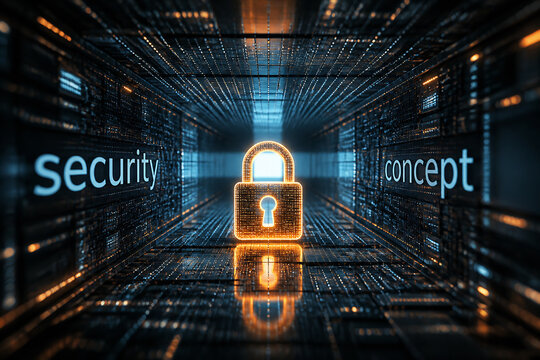 A digital, futuristic tunnel with a glowing padlock in the center representing security concept.