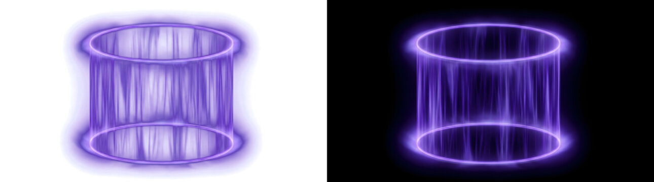 Purple light cylinder podium with glowing rings on dark background ideal for product display in PNG, Transparent and Black Background Versions