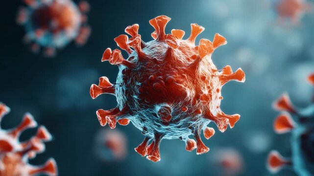 Close-up of virus particle structure in scientific style on blue background Ways to improve immune system infection concept