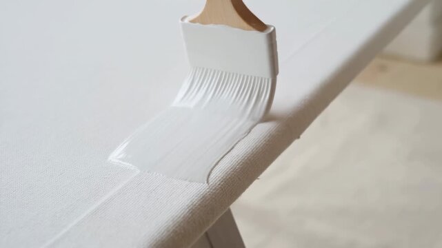 Brush spreading white primer along canvas edge in softly lit studio, bristles leaving smooth marks, subtle sheen, and precise craft detail during painting preparation