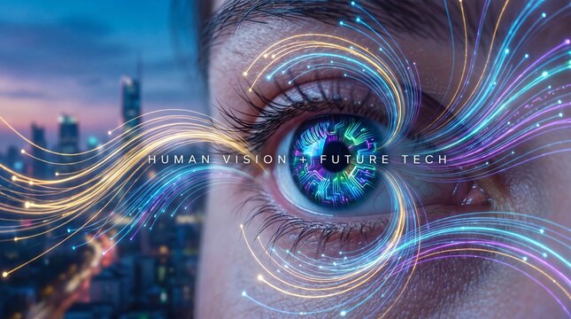 Eye with a digitally enhanced iris, surrounded by vibrant, flowing lines of light, symbolizing the fusion of human vision